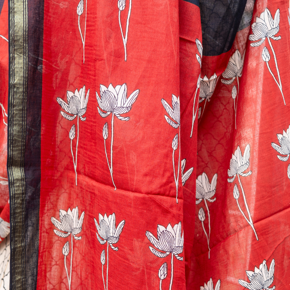 Nabami Bagru Block Print Cotton Saree (Golden Border)