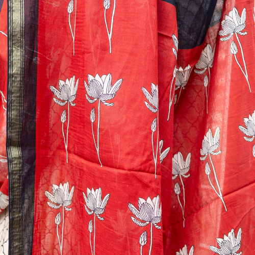 Nabami Bagru Block Print Cotton Saree (Golden Border)