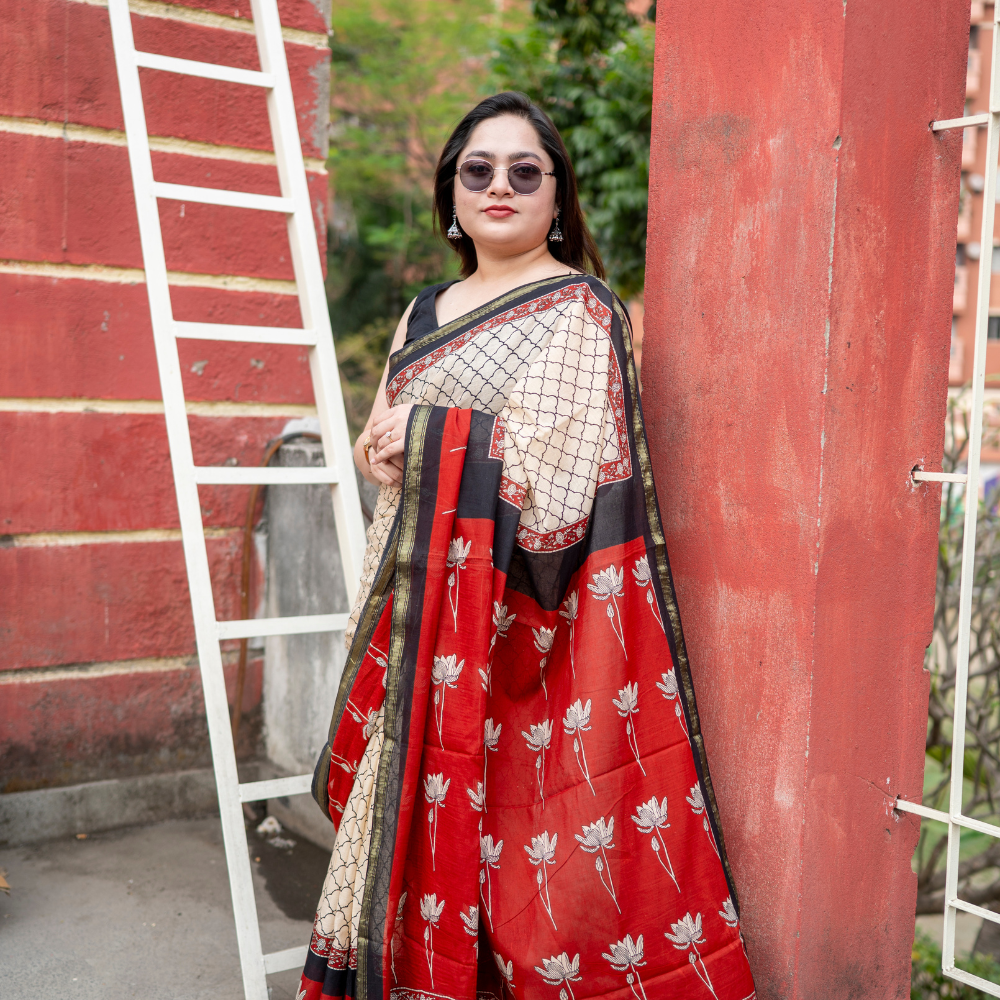 Nabami Bagru Block Print Cotton Saree (Golden Border)