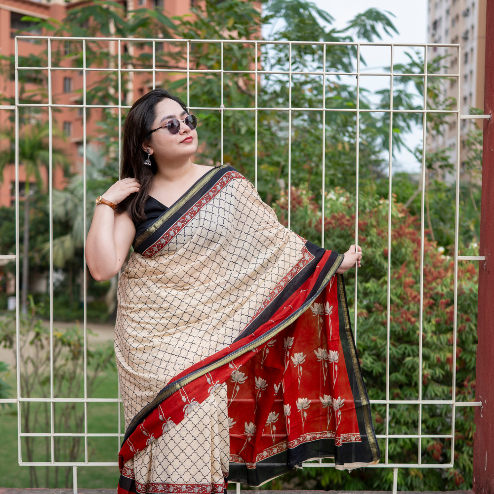 Nabami Bagru Block Print Cotton Saree (Golden Border)
