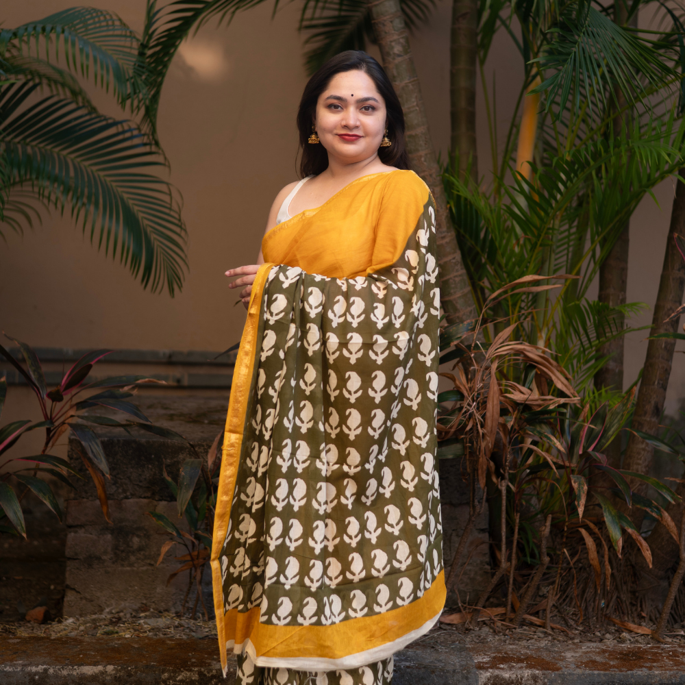Nabami Bagru Block Print Cotton Saree with Golden Border