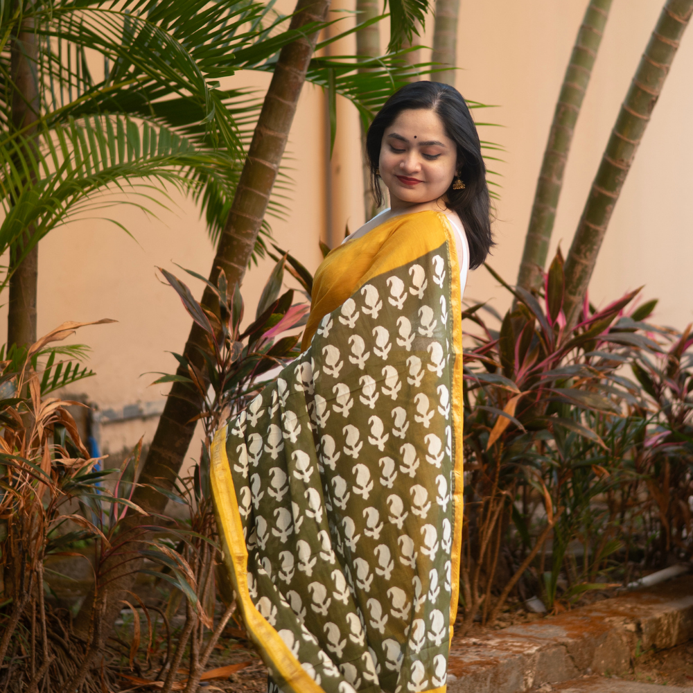Nabami Bagru Block Print Cotton Saree with Golden Border