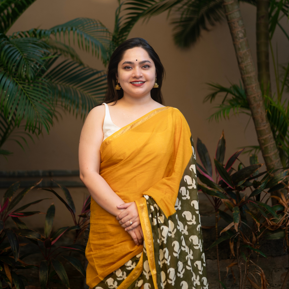 Nabami Bagru Block Print Cotton Saree with Golden Border
