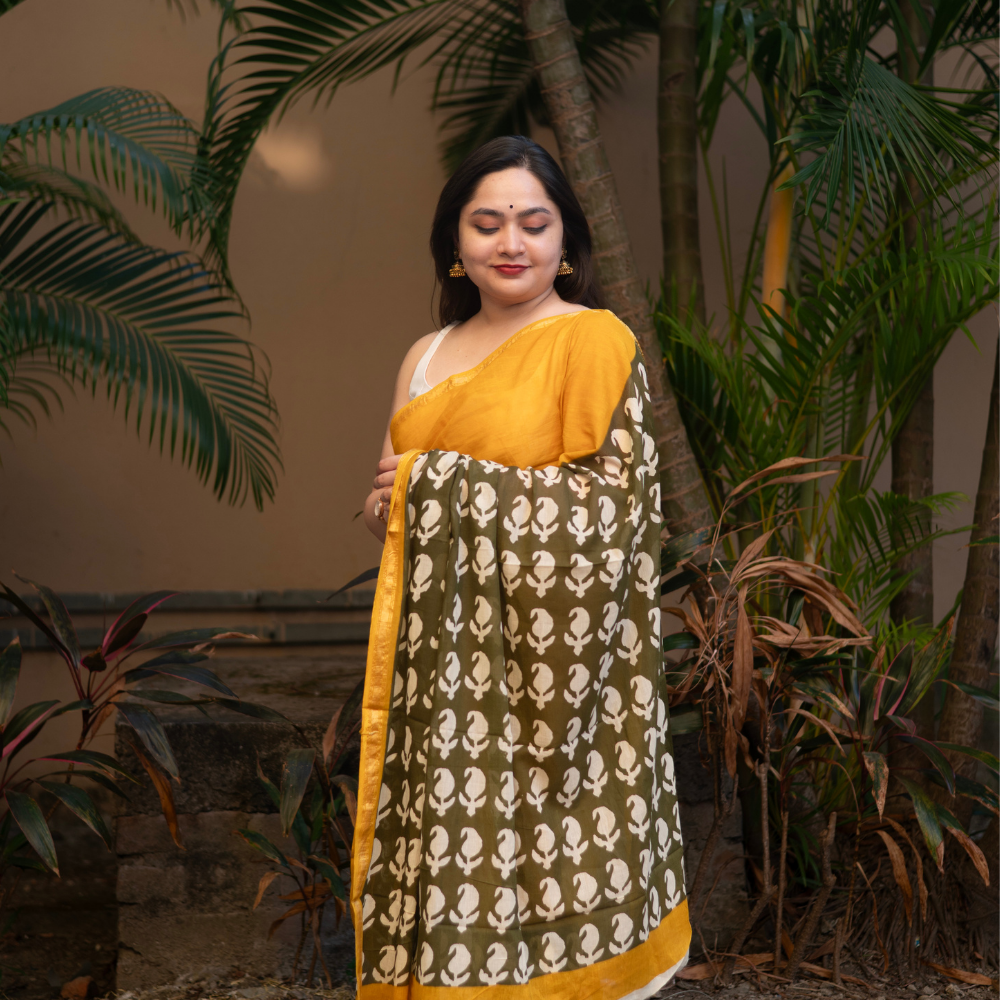 Nabami Bagru Block Print Cotton Saree with Golden Border