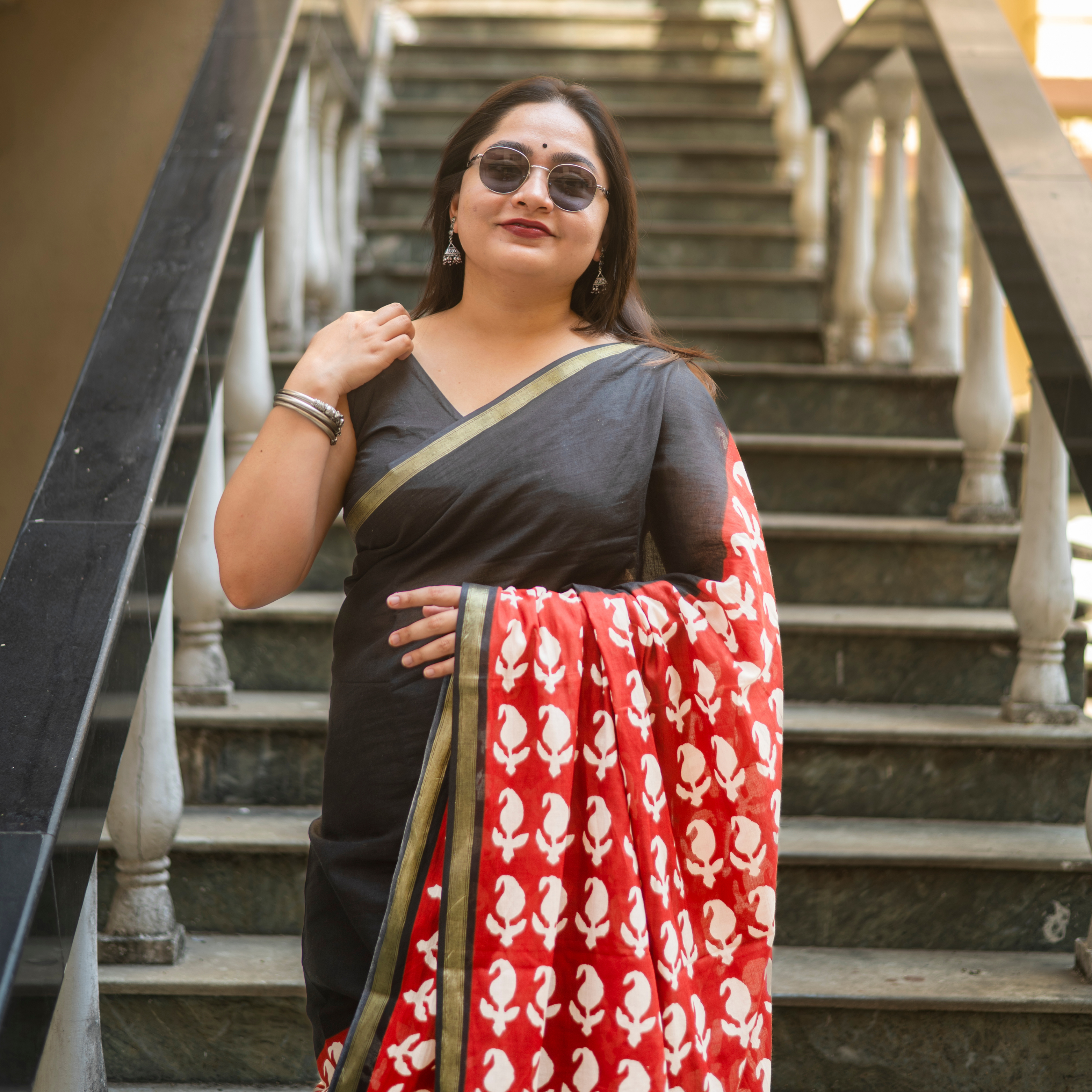 Nabami Bagru Block Print Cotton Saree (Golden Border)