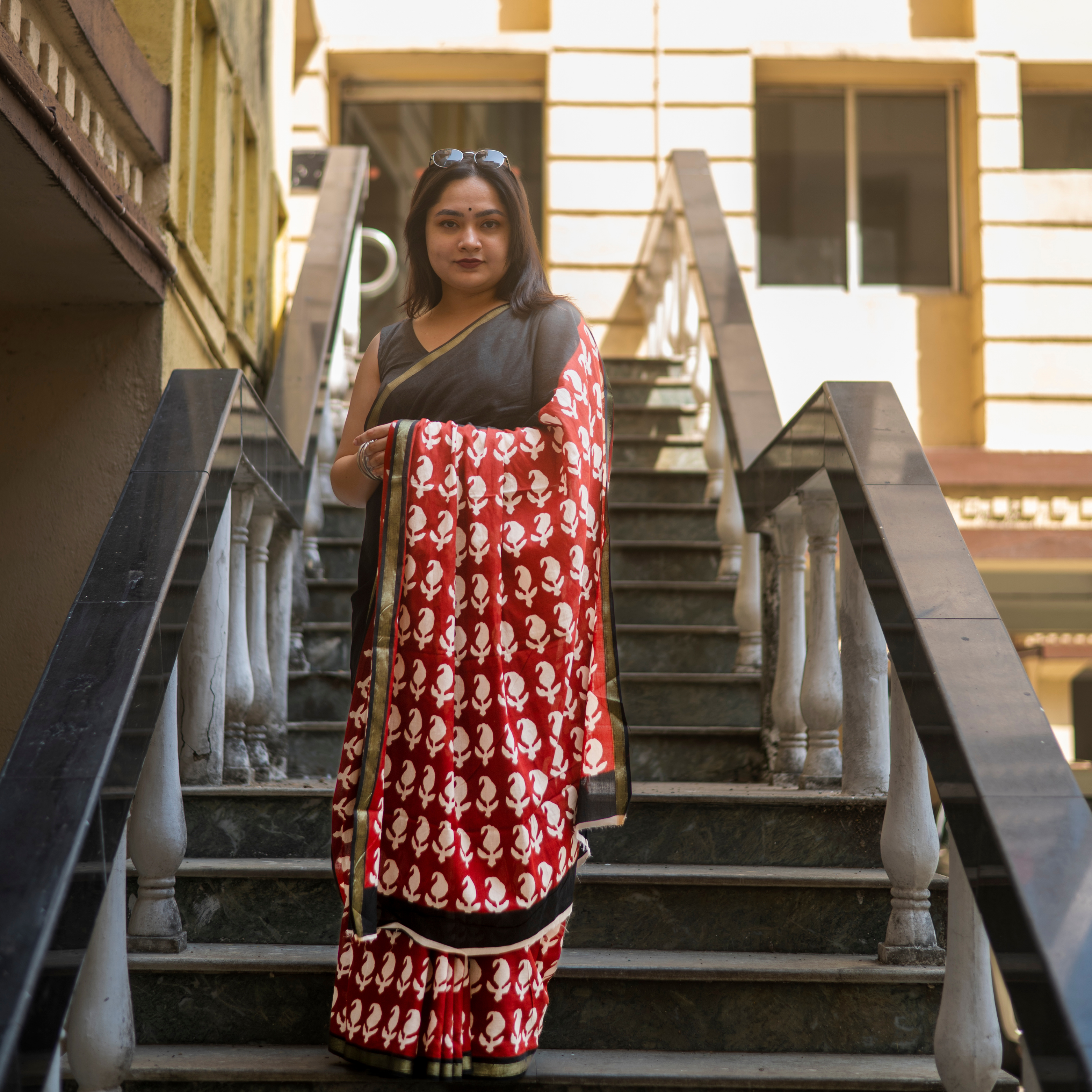 Nabami Bagru Block Print Cotton Saree (Golden Border)