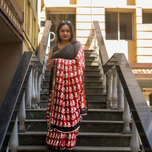 Nabami Bagru Block Print Cotton Saree (Golden Border)