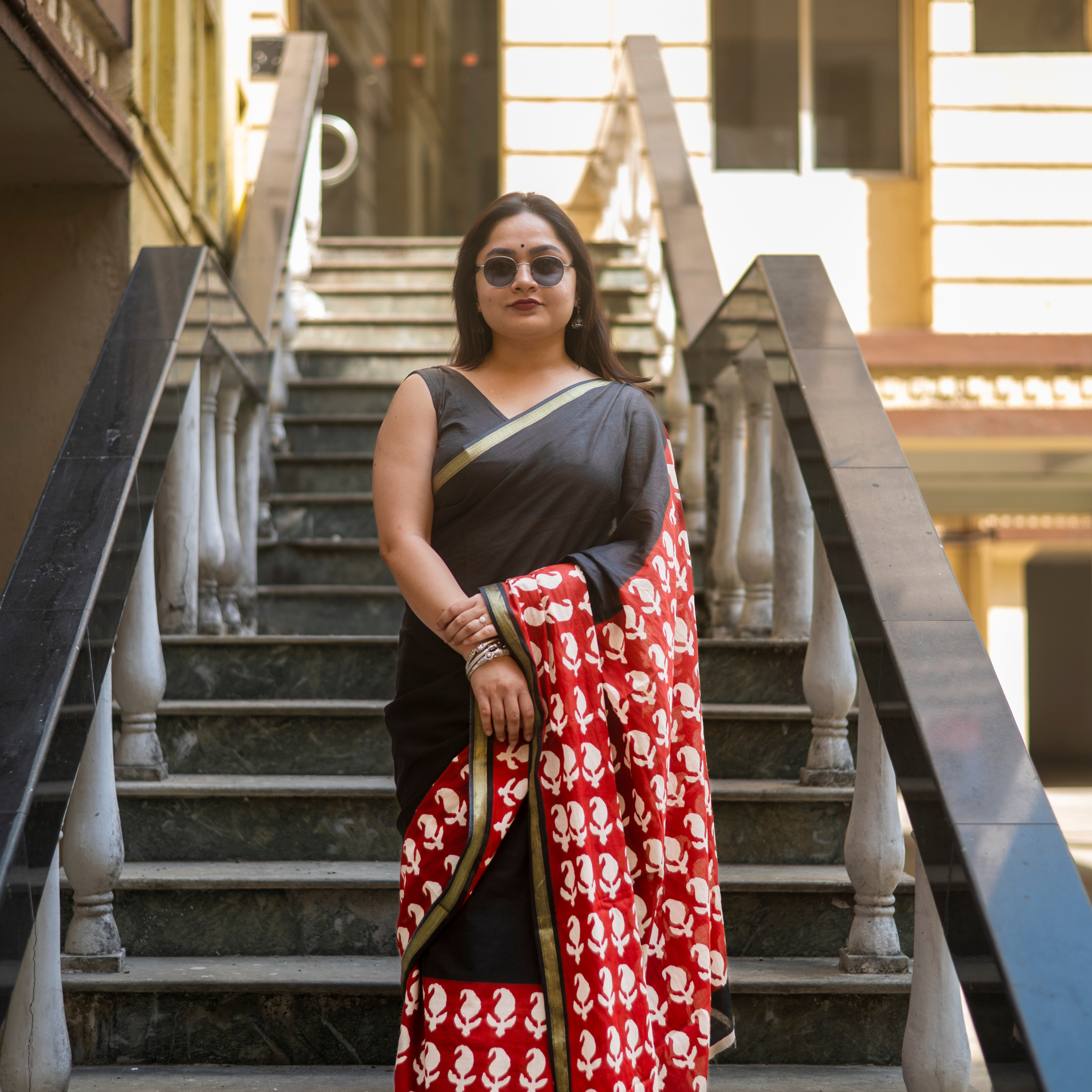Nabami Bagru Block Print Cotton Saree (Golden Border)