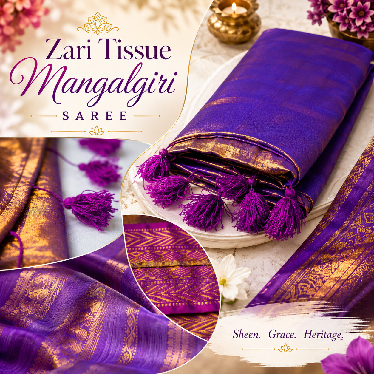 Nabami Saree Zari Tissue Mangalgiri Saree